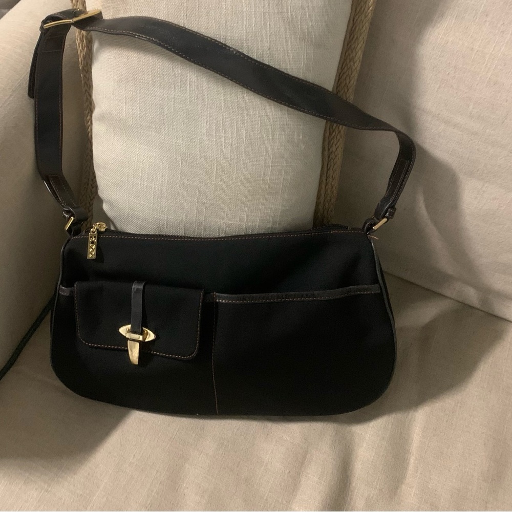 Maxx New York Handbag Medium Black Fabric/Leather Strap Trim Gold Hardware - Picture 12 of 16